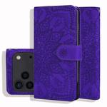 For iPhone 17 Pro Mandala Embossed Dual-Fold Calf Leather Phone Case(Purple)