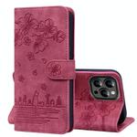 For iPhone 15 Pro Max Cartoon Sakura Cat Embossed Leather Phone Case(Wine Red)