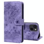 For iPhone 15 Plus Cartoon Sakura Cat Embossed Leather Phone Case(Purple)