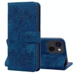 For iPhone 15 Cartoon Sakura Cat Embossed Leather Phone Case(Royal Blue)