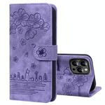 For iPhone 14 Pro Max Cartoon Sakura Cat Embossed Leather Phone Case(Purple)