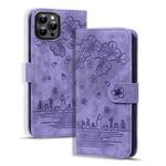 For iPhone 16 Pro Max Cartoon Sakura Cat Embossed Leather Phone Case(Purple)