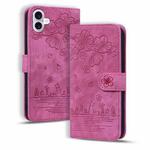 For iPhone 16 Plus Cartoon Sakura Cat Embossed Leather Phone Case(Rose Red)