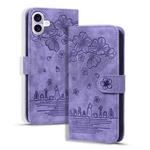 For iPhone 16 Plus Cartoon Sakura Cat Embossed Leather Phone Case(Purple)