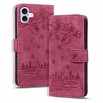 For iPhone 16 Plus Cartoon Sakura Cat Embossed Leather Phone Case(Wine Red)