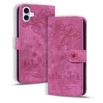 For iPhone 16 Cartoon Sakura Cat Embossed Leather Phone Case(Rose Red)