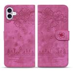 For iPhone 17 Cartoon Sakura Cat Embossed Leather Phone Case(Rose Red)