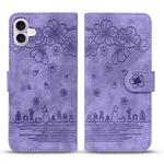 For iPhone 17 Cartoon Sakura Cat Embossed Leather Phone Case(Purple)