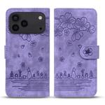 For iPhone 17 Pro Max Cartoon Sakura Cat Embossed Leather Phone Case(Purple)