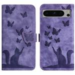 For Google Pixel 8 Pro Butterfly Cat Embossing Flip Leather Phone Case(Purple)