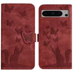 For Google Pixel 8 Pro Butterfly Cat Embossing Flip Leather Phone Case(Red)