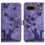 For Google Pixel 8 Butterfly Cat Embossing Flip Leather Phone Case(Purple)