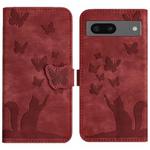 For Google Pixel 8 Butterfly Cat Embossing Flip Leather Phone Case(Red)