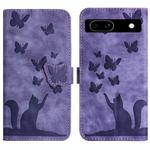 For Google Pixel 7a Butterfly Cat Embossing Flip Leather Phone Case(Purple)