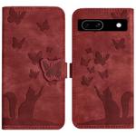 For Google Pixel 7a Butterfly Cat Embossing Flip Leather Phone Case(Red)