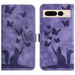 For Google Pixel 7 Pro Butterfly Cat Embossing Flip Leather Phone Case(Purple)