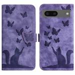 For Google Pixel 7 Butterfly Cat Embossing Flip Leather Phone Case(Purple)