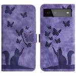 For Google Pixel 6 Butterfly Cat Embossing Flip Leather Phone Case(Purple)
