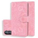 For Samsung Galaxy Z Fold4 Mandala Embossed Dual-Fold Calf Leather Phone Case(Pink)