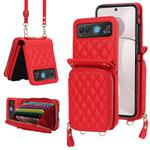 For Motorola Razr 40 Rhombic Texture Card Bag Phone Case with Dual Lanyard(Red)