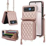 For Motorola Razr 40 Rhombic Texture Card Bag Phone Case with Dual Lanyard(Rose Gold)