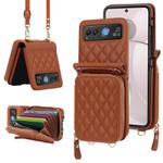 For Motorola Razr 40 Rhombic Texture Card Bag Phone Case with Dual Lanyard(Brown)