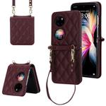 For Huawei P50 Pocket Rhombic Texture Card Bag Phone Case with Dual Lanyard(Burgundy)
