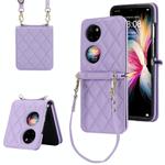 For Huawei P50 Pocket Rhombic Texture Card Bag Phone Case with Dual Lanyard(Purple)