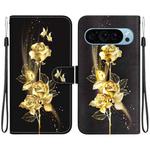 For Google Pixel 9 Pro Crystal Texture Colored Drawing Leather Phone Case(Gold Butterfly Rose)
