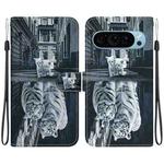 For Google Pixel 9 Pro Crystal Texture Colored Drawing Leather Phone Case(Cat Tiger Reflection)