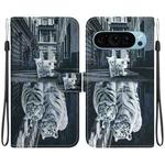 For Google Pixel 9 Crystal Texture Colored Drawing Leather Phone Case(Cat Tiger Reflection)
