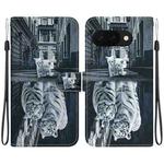 For Google Pixel 9a Crystal Texture Colored Drawing Leather Phone Case(Cat Tiger Reflection)