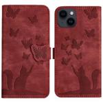 For iPhone 14 Plus Butterfly Cat Embossing Flip Leather Phone Case(Red)