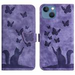 For iPhone 13 Butterfly Cat Embossing Flip Leather Phone Case(Purple)