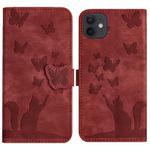 For iPhone 12 / 12 Pro Butterfly Cat Embossing Flip Leather Phone Case(Red)