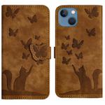 For iPhone 13 mini Butterfly Cat Embossing Flip Leather Phone Case(Brown)