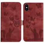 For iPhone X / XS Butterfly Cat Embossing Flip Leather Phone Case(Red)