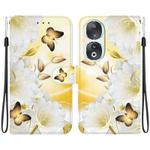 For Honor 90 Crystal Texture Colored Drawing Leather Phone Case(Gold Butterfly Epiphyllum)