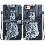 For iPhone SE 2022 / SE 2020 Crystal Texture Colored Drawing Leather Phone Case(Cat Tiger Reflection)