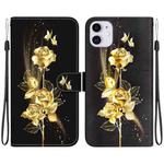 For iPhone 11 Crystal Texture Colored Drawing Leather Phone Case(Gold Butterfly Rose)