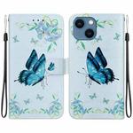For iPhone 13 Crystal Texture Colored Drawing Leather Phone Case(Blue Pansies)