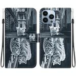 For iPhone 13 Pro Crystal Texture Colored Drawing Leather Phone Case(Cat Tiger Reflection)