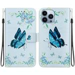For iPhone 13 Pro Crystal Texture Colored Drawing Leather Phone Case(Blue Pansies)