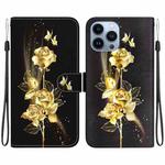 For iPhone 13 Pro Max Crystal Texture Colored Drawing Leather Phone Case(Gold Butterfly Rose)