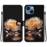 For iPhone 14 Crystal Texture Colored Drawing Leather Phone Case(Gold Peony)