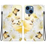 For iPhone 14 Crystal Texture Colored Drawing Leather Phone Case(Gold Butterfly Epiphyllum)