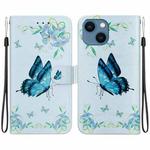 For iPhone 14 Crystal Texture Colored Drawing Leather Phone Case(Blue Pansies)