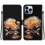 For iPhone 14 Pro Max Crystal Texture Colored Drawing Leather Phone Case(Gold Peony)