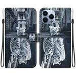 For iPhone 14 Pro Max Crystal Texture Colored Drawing Leather Phone Case(Cat Tiger Reflection)