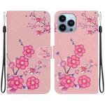 For iPhone 14 Pro Max Crystal Texture Colored Drawing Leather Phone Case(Cherry Blossoms)